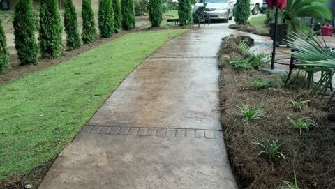 concrete walkway leading to a gorgeous backyard